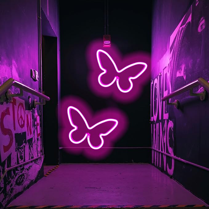 2 Pieces Butterfly Neon Sign, LED Light for Bedroom Wall Decor, USB/Battery Powered Night Light for Kids Room, Girls Home, Wedding, Birthday Party Art Decorations