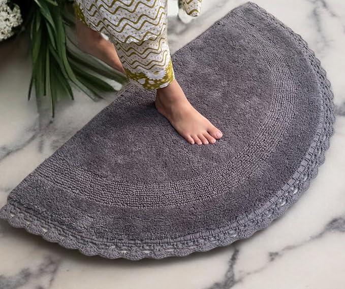 Half Circle Bohemian Bathroom Rug with Handwoven Chrochet Border, Beautifully Handcrafted 100% Cotton Mat - 22x42, Round Boho Bedroom Rug, Boho Bathroom Décor, Machine Washable Grey