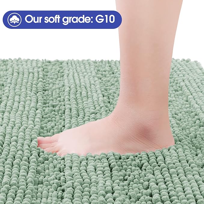 ACCUMTEK Striped Sage Green Bathroom Rug Set 3 Pieces Ultra Soft, Non Slip Chenille Toilet Mat, Absorbent Plush Shaggy Bath Mats for Bathroom, Bedroom, Kitchen