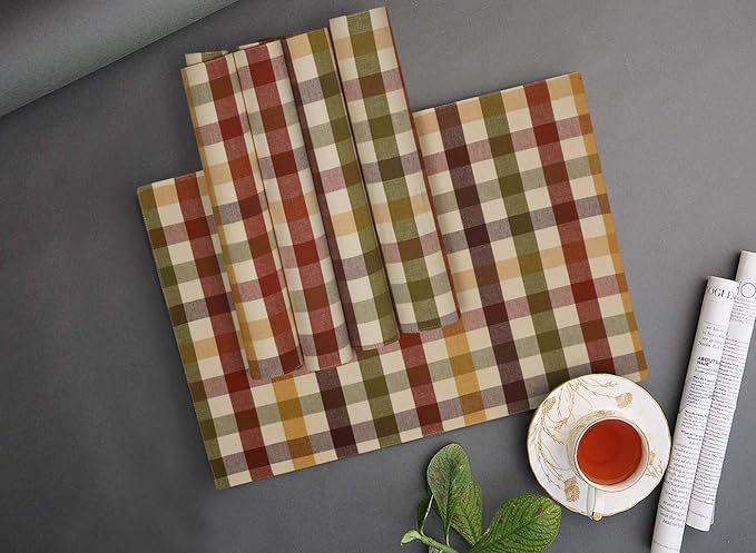Urban Villa HarvestPlacemats for Dining Set of 6 Over Sized 14''x 20'' Buffalo Check Plaid 100% Cotton Thanks Giving Placemats FallPlacemats Everyday Use Heavier Quality