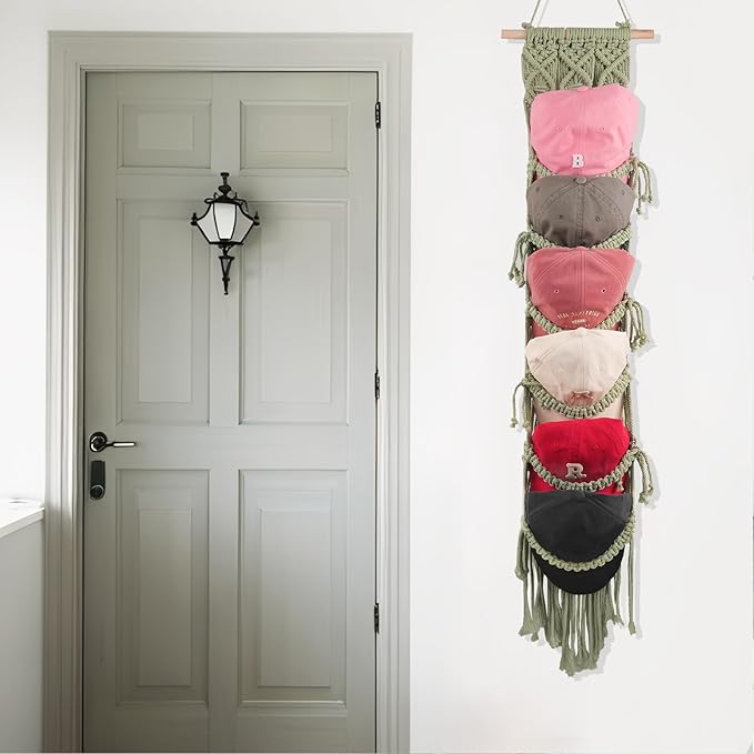 2PCS Macrame Cap Holders Boho Hat Hangers Over Door Ball Cap Rack Organizer Decorative Bohemian Handmade Woven Wall Hanging for Baseball Cap Display Decoration (Green, Up to 24 Caps)