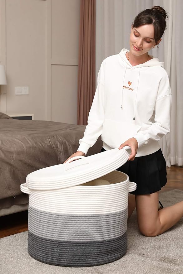 20" x 20" x 15" Extra Large Storage Basket with Lid, Cotton Rope Storage Baskets, Laundry Hamper, Cloth Bin, for Clothes Towels Blankets Pillows Storage in Living Room, Grey/Dark Grey with Cover
