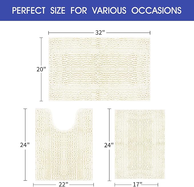 ACCUMTEK Striped Ice Cream Bathroom Rug Set 3 Pieces Ultra Soft, Non Slip Chenille Toilet Mat, Absorbent Plush Shaggy Bath Mats for Bathroom, Bedroom, Kitchen