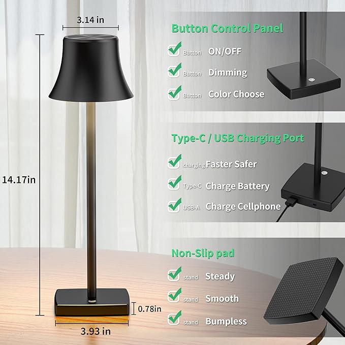 SAKRINGT LED Cordless Table Lamps Rechargeable,5000mAh Battery Operated Table Light,3 Color Stepless Dimming,Portable Small Desk Lamp in Aluminum for Party Patio Restaurant Indoor/Outdoo