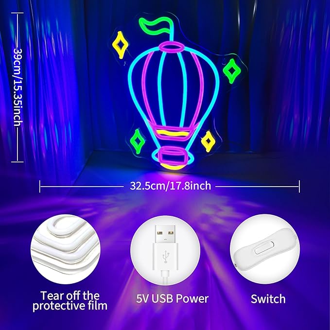 Hot Air Balloon Neon Signs for Wall Decor Blue Purple LED Light Sign for Preppy Room Decor Light Up Sign for Birthday Party Decoration USB Powered