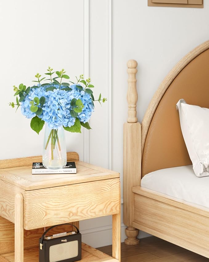 Tifuly Fake Hydrangea Artificial Flowers with Vase 4pcs Real Touch Faux Hydrangea and 3pcs Eucalyptus Stems for Wedding Centerpiece Home Party Table Decoration(Blue)