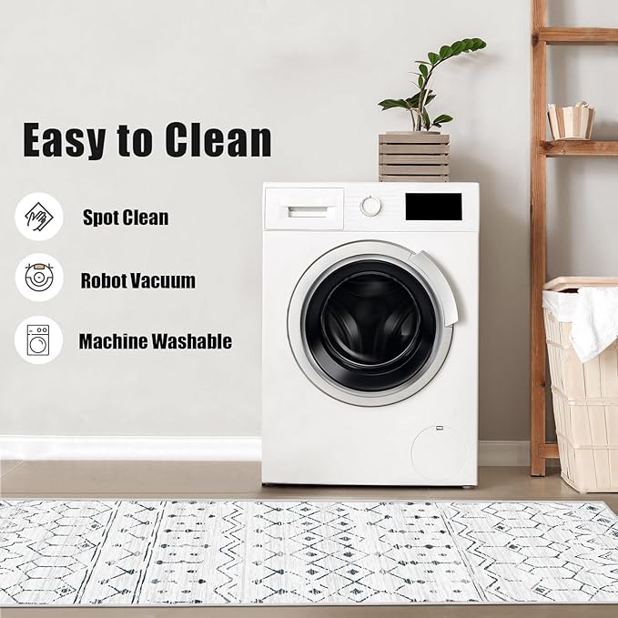 Deerly 3x5 Area Rugs Boho Moroccan Farmhouse Washable Rugs Distressed Rug with Rubber Backing, Soft Low Pile Indoor Floor Carpet Neutral Rug for Entryway Kitchen Living Room, White/Dark Grey