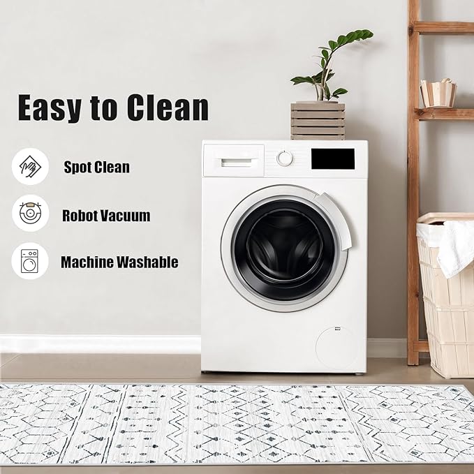 Deerly Moroccan Area Rugs 5x7 Washable Rug Distressed, Boho Farmhouse 5x7 Rug with Non-Slip Backing, Soft Low Pile Indoor Floor Carpet Neutral Rug for Bedroom Playroom, White/Dark Grey