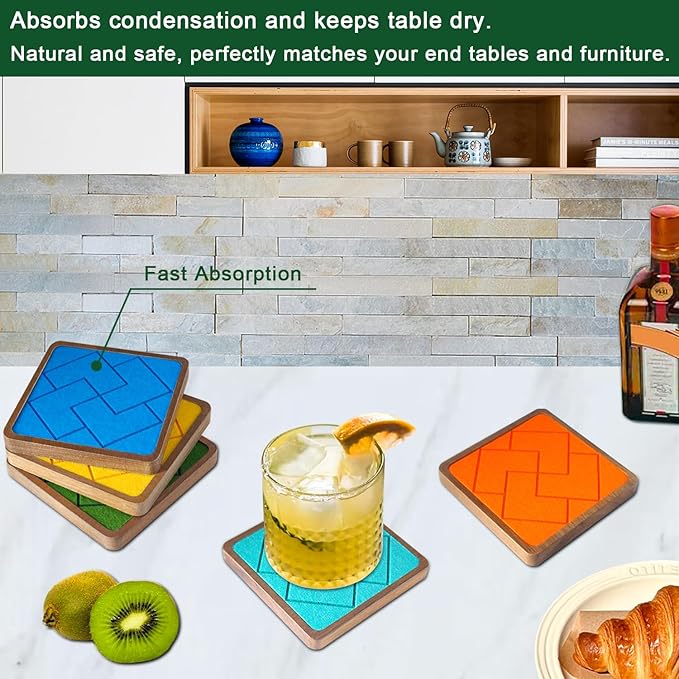 Coasters for Drinks Absorbent 5 Pack, Square Coasters with Felt Pads, Non-Slip, Non-Stick Cups, Suit for Kinds of Cups 4.1 inches (Colorful)
