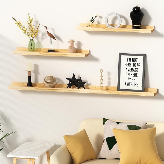 Picture Ledge Shelf, 16 inch Solid Pine Wood Floating Shelves, Floating Book Shelves for Living Room Bedroom Kitchen Decor, Natural Unfinished, No Stain, DIY, Set of 4 (Maple Wood, 4Pack 16inch)