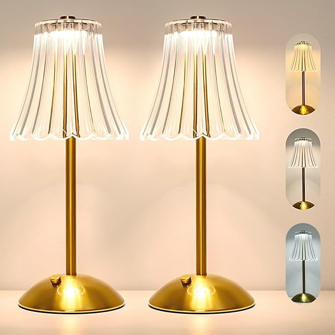 Cordless LED Touch Lamp with Crystal Acrylic Shade, USB Rechargeable, 3-Color Temperature, Dimmable Table Light, Portable Modern Industrial Style Lighting for Bedroom, Office, Patio & Gift Use