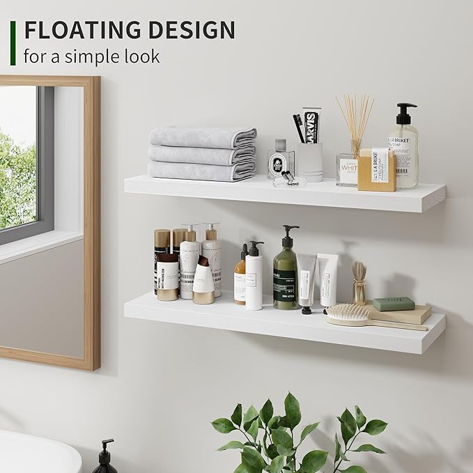 Marsmiles Wood Floating Shelves for Wall Set of 2, 24 Inch Wide Rustic Wooden Floating Shelves, Invisible Wall Mounted Display for Living Room Bedroom Kitchen Bathroom Office, White