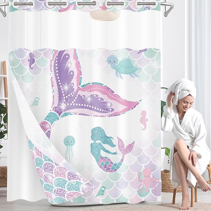 Pink Mermaid Tail Glitter No Hook Shower Curtain with Snap in Liner, Coral Starfish Turtle Bath Curtain with Double Layers Waterproof Fabric and Mesh Top Window 71x74 Inch