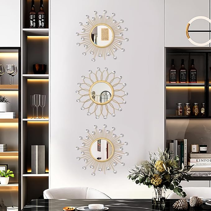 3 Pack Metal Mirrors for Wall Sunburst Wall Mirrors Home Décor Decorative Hanging Wall Art for Living Room Bedroom Entryway (Gold Crystal, Flower+Sunburst)