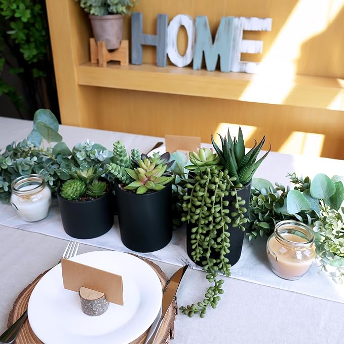 Winlyn Set of 3 Artificial Plants Decor Greenery Fake Succulents Indoor Potted Fake Plant with Black Planter for Farmhouse Room Bathroom Bedroom Kitchen Office Table Desk Decor