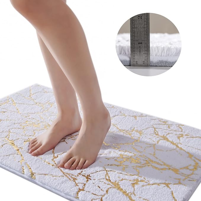 QJHOMO Marble Bathroom Rug White and Gold Decor Bathroom Rugs Non Slip Bath Mat Super Absorbent Microfiber Plush Bathmat Machine Washable Floor Carpet for Tub, Shower, Bedroom (20x32 inch)