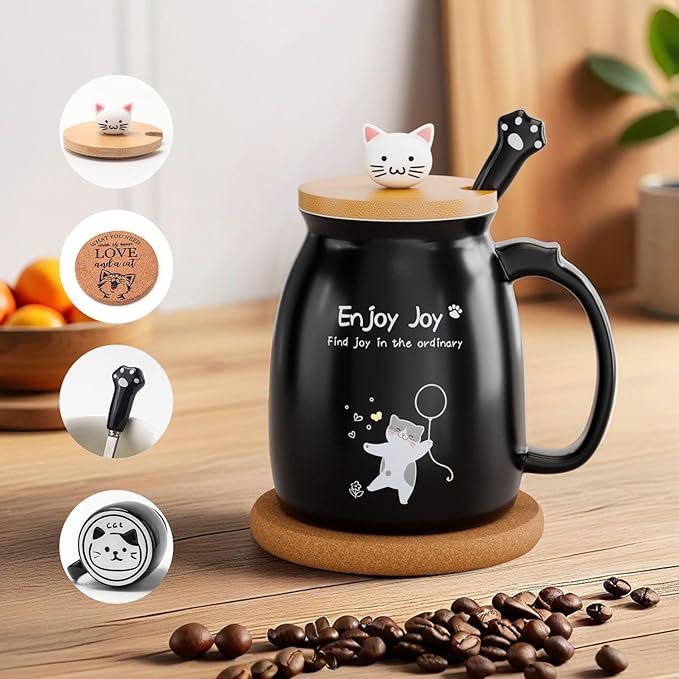 Cute Cat Cup Ceramic Coffee Mug with Kawaii Cat Wooden Lid, Lovely Stainless Steel Spoon, Anime Kitty Thicken Wooden Coaster, Men Women Christmas Birthday Cute Thing Japanese Mug 16oz (BLack)