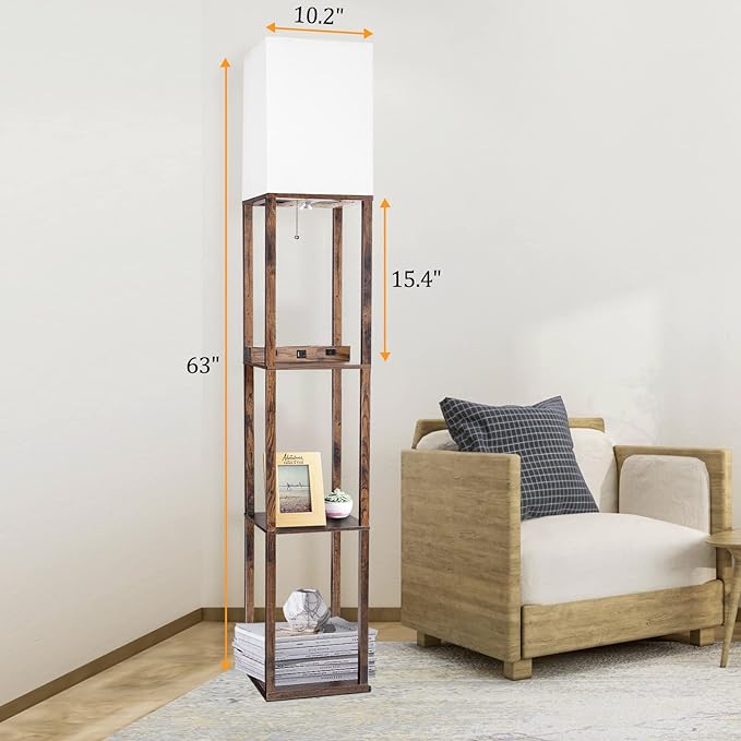 Dott Arts Floor Lamp with Shelves, Shelf Lamp with Wireless Charger & USB A+C Ports & 2 AC Outlets,3 Color Temperature Corner Tall Standing Floor Lamps for Living Room, Bedroom, Office (Brown)