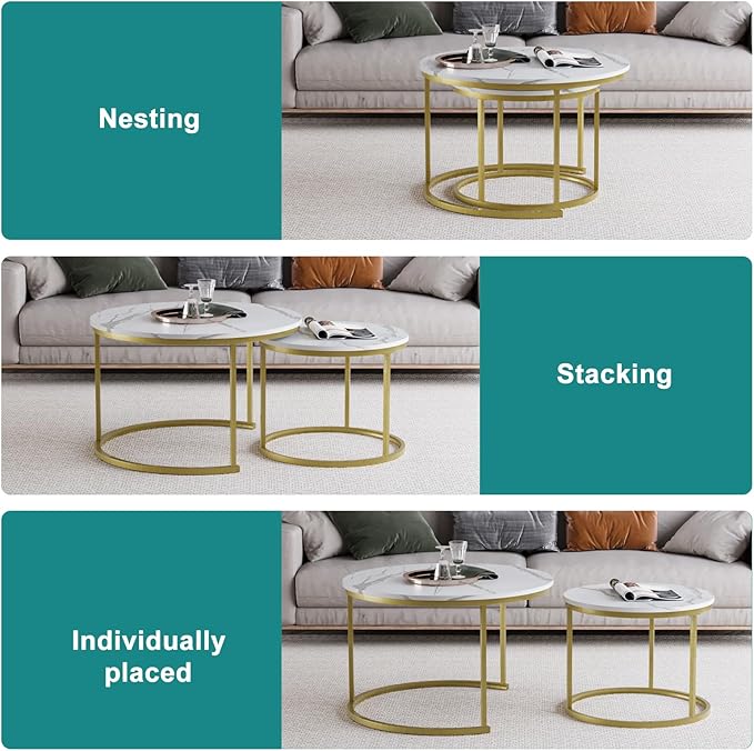 Smuxee White Nesting Coffee Table Set of 2, 27.6" Round Coffee Table Wooden Marble Pattern with Adjustable Non-Slip Feet, Industrial End Table for Living Room Bedroom Balcony