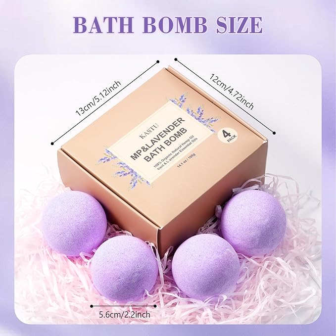 Natural Hemp Oil Extract and Lavender Essential Oils Bath Bombs Salt Balls,4 Pack Gift Set,Moisturizing Dry Skin,Fizzy Spa,Relaxation,Self Care,Relaxing,Bubble Bath Bomb Gifts Idea for Men Women