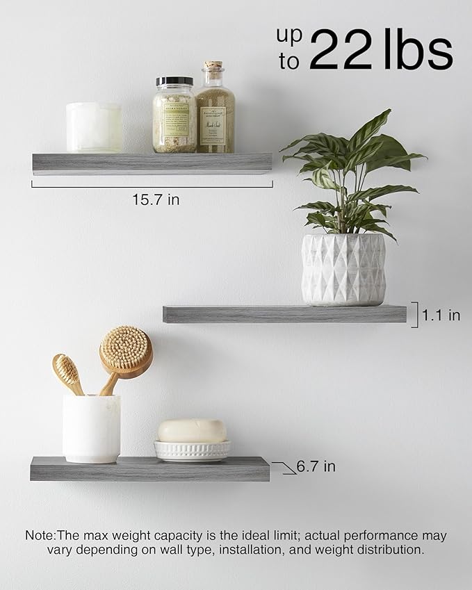 BAYKA Floating Shelves, Wall Mounted Rustic Wood Shelves for Bathroom, Bedroom, Living Room, Kitchen,Small Hanging Shelf for Books/Storage/Room Decor with 22lbs Capacity (Grey, Set of 3, 15.7in)