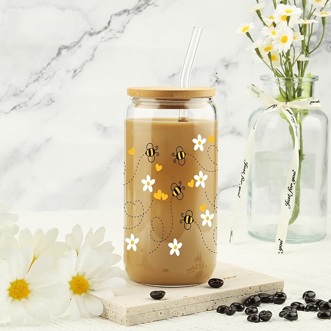 Gift For Girls, Her - Birthday Gifts for Women Friendship - Unique Gifts For Women, Friends, Bestie, Bff, Soul Sister, Work Bestie - Honey Bee Daisy 16 OZ Iced Glass Can Tumbler with Lid and Straw
