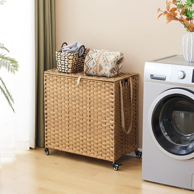 Laundry Hamper with Wheels, 39.6 Gallon(150L) Rolling Laundry Basket with Lid, 3-Section Rattan Clothes Hamper with 3 Removable Liner & 3 Mesh Bags, Laundry Sorter with Side Pocket, Natural