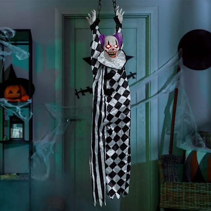 HollyHOME Halloween Animated Hanging Clown with Glowing Eyes Creepy Sound and Shaking Body Halloween Decorations Outdoor Scary Haunted House Outdoor Prop Decor 60'' Black