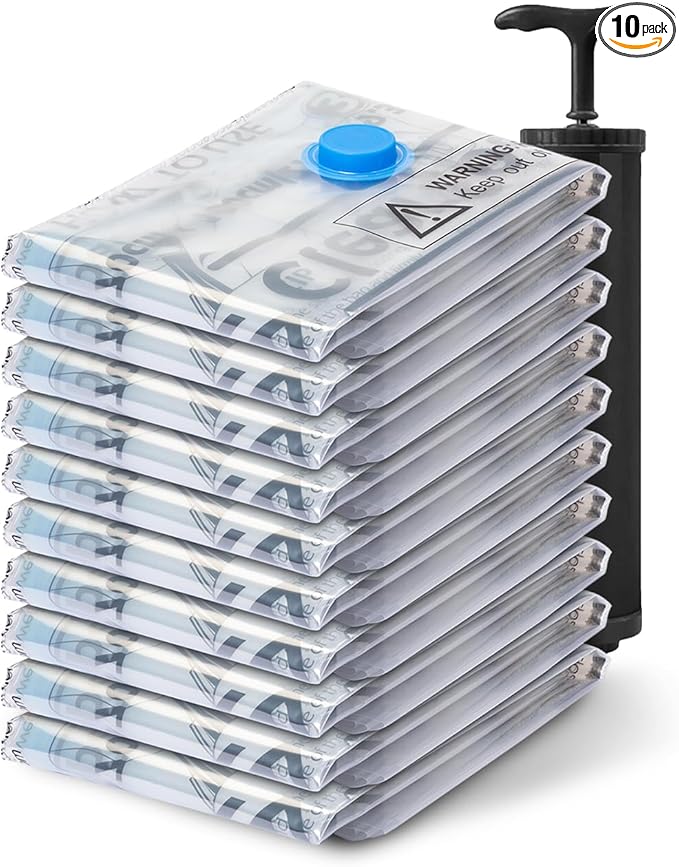 Vacuum Seal Bags for Clothing Travel, 10 Medium - Space Saver Vacuum Storage Bags, Blanket & Clothes Storage Bags Vacuum Sealed – Hand Pump Included, Bolsas Para Guardar Ropa Al Vacío