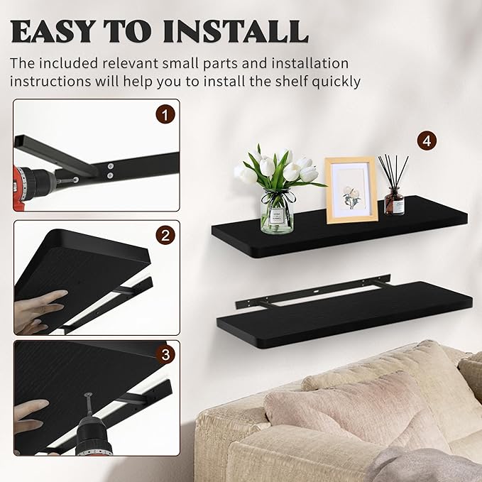 Floating Shelves for Wall, Wood Shelves with Invisible Brackets for Bathroom, Living Room, Bedroom and Kitchen, Long Wall Shelf for Books/Storage/Room Decor, 36 Inch, Set of 2, Black