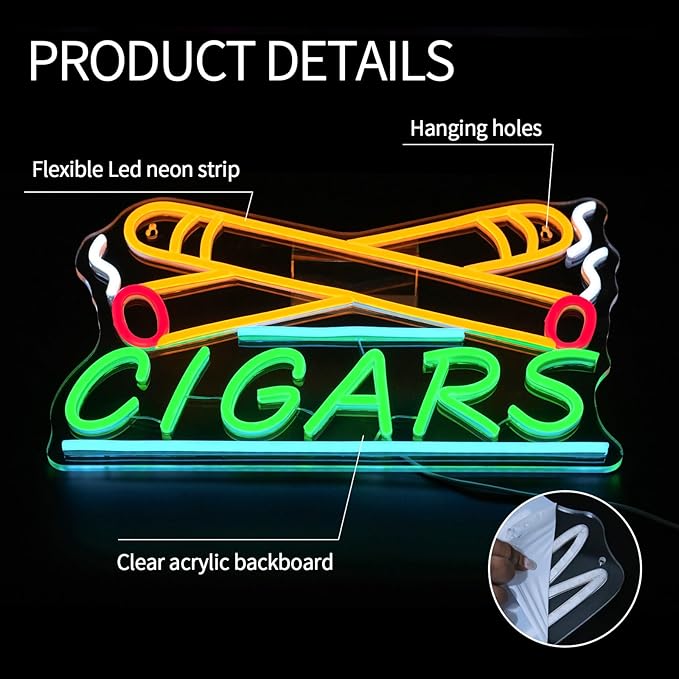 Cigar Neon Sign for Wall Decor Dimmable Cigarette Led Lights Signs Smoke Shops Neon Light for Cigar Lounge Pub Home Bar Party Decoration USB Powered