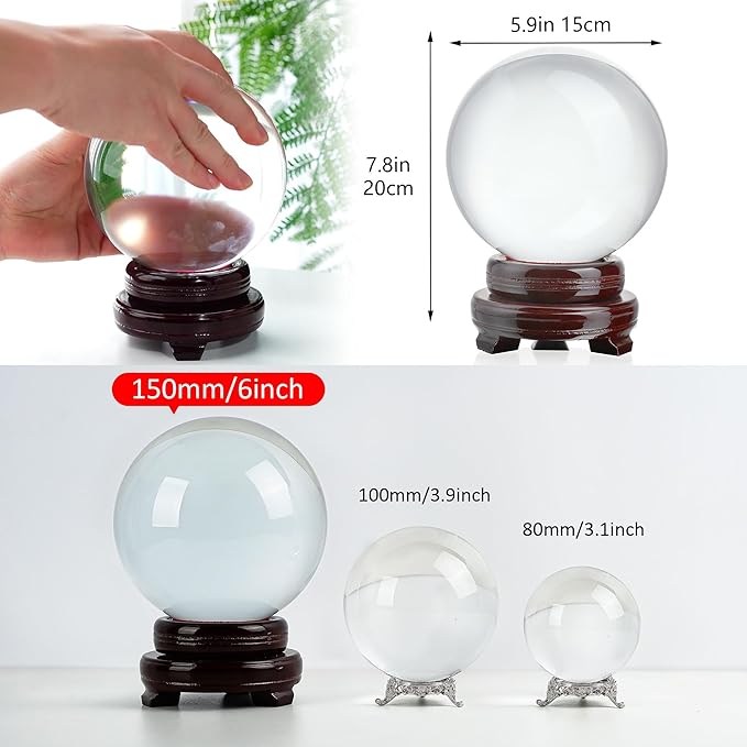 150mm/6inch Clear Crystal Ball with Wooden Stand Fortune Teller Mystical Quartz Ball Photography Props FengShui Divination Spheres
