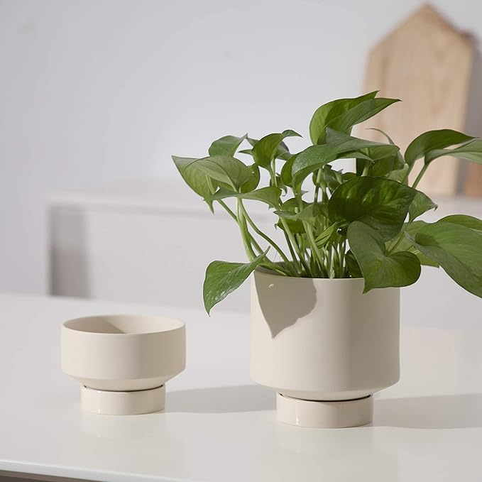 UBEE 2 Ceramic Pots for Indoor Plants Set, 5.43 Inch + 4.61 Inch Plant Pots with Drainage Holes and Saucers, Ceramic Succulents Planter Pot Flower Pot with Saucer, Beige