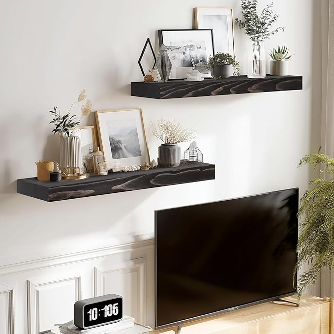17x8x1.6 inch Floating Shelves Set of 2 – Solid Wood Rustic Black Wall Mounted Shelf for Kitchen, Bathroom, Living Room