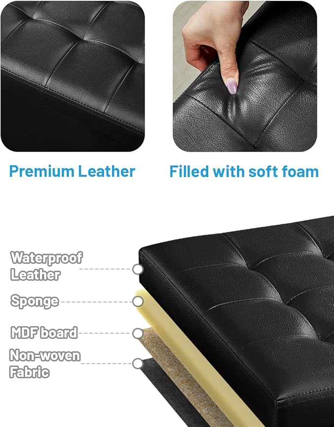Storage Ottoman Foot Rest Stool, Small Leather Storage Ottomans Bench, Folding Foot Stool with Handles Lid, Foot Rest Under Desk for Living Room Bedroom, 17x13x13 in, Black