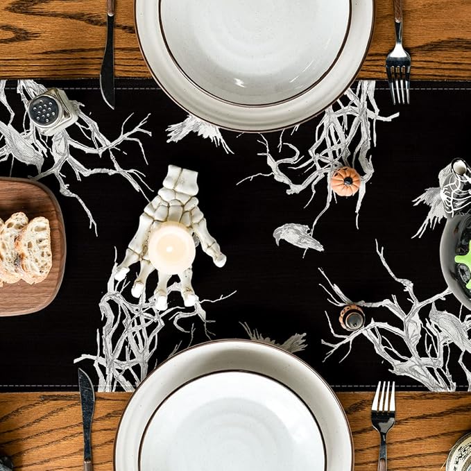 Artoid Mode Silhouette Tree Grey Crows Halloween Table Runner, Branches Fall Kitchen Dining Table Decoration for Outdoor Home Party 13x72 Inch