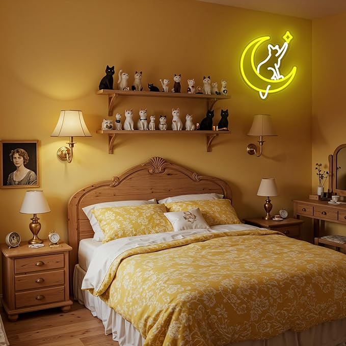 Moon Cat Neon Sign for Wall Decor,Dimmable Cute Cat with Star Neon Light,Yellow White Animal Light Up Signs for Bedroom Party Bar Background Decoration