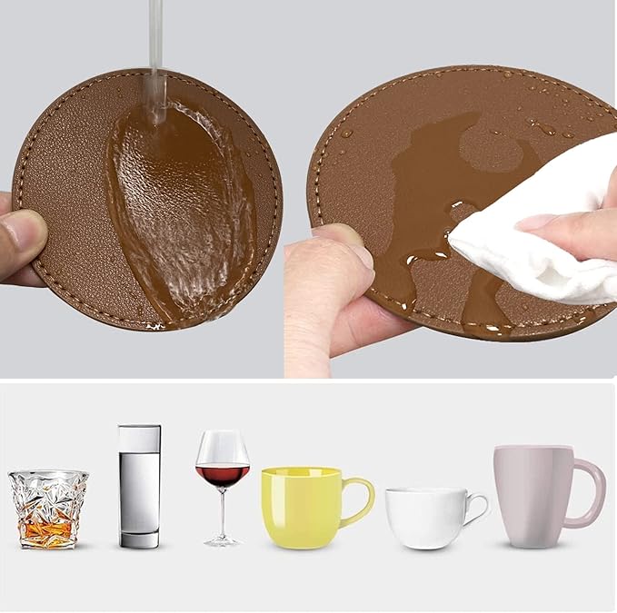Coasters Set of 6 Soft Leather Drink Coaster Round Coaster with Sewing Around, Suitable for Various Cups, Wooden Tables,Home Decoration,4 Inches(Brown)