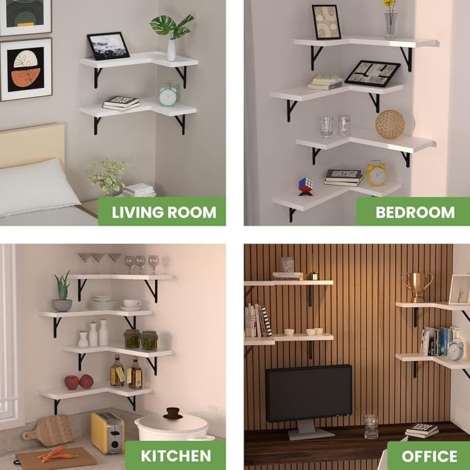 NATURE'S SOURCE Corner Floating Shelves Set of 4, Corner Shelves Wall Mounted, for Bedroom Kitchen Living Room Bathroom Office- Modern Style (White, Set of 4)