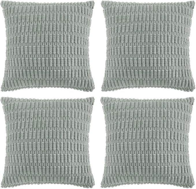 Fancy Homi 4 Packs Grey Blue Decorative Throw Pillow Covers 22x22 Inch for Living Room Couch Bed Sofa, Rustic Farmhouse Boho Home Decor, Soft Striped Corduroy Square Cushion Case 55x55 cm