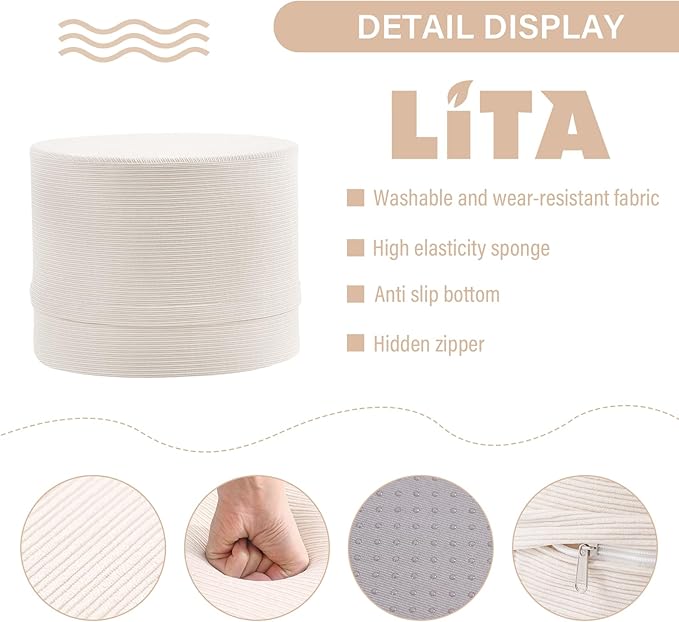 LITA Round Stuffed Pouf Ottoman, Corduroy Poufs with High-Density Foam Filling and Washable Cover, Furry and Fluffy Bean Bag Foot Stools Ottoman for Living Room, Bedroom, Office, Beige