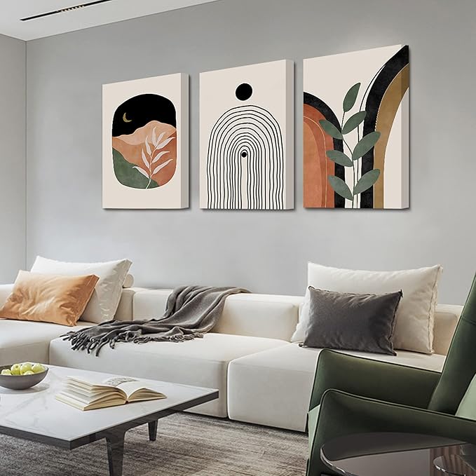 Boho Wall Art Prints Set of 3, Boho Wall Decor, Mid Century Modern Prints Sun Moon Leaf Mountain Canvas Wall Painting, Neutral Abstract Geometric Prints Canvas Artwork Prints for Bedroom Bathroom
