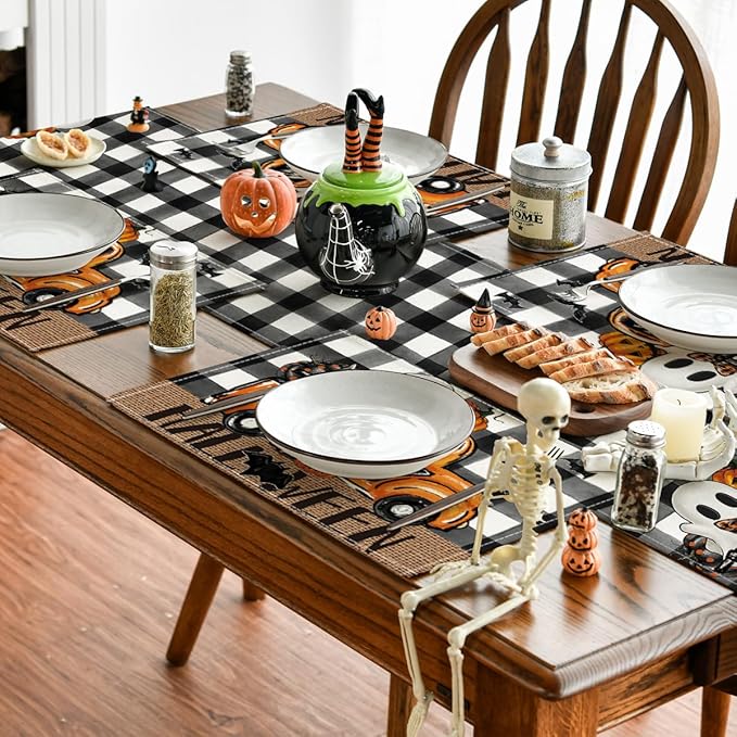 Artoid Mode Buffalo Plaid Bat Ghost Truck Spooky Halloween Placemats Set of 4, 12x18 Inch Seasonal Table Mats for Party Kitchen Dining Decoration