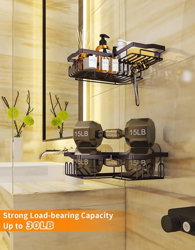 SWTYMIKI Stainless Steel Corner Shower Caddy, Shower Storage Basket Shelves with 11 Hooks, 2-Pack Shower Organizers Built-in Soap Holder No Drilling Shower Racks for Bathroom, Bronze