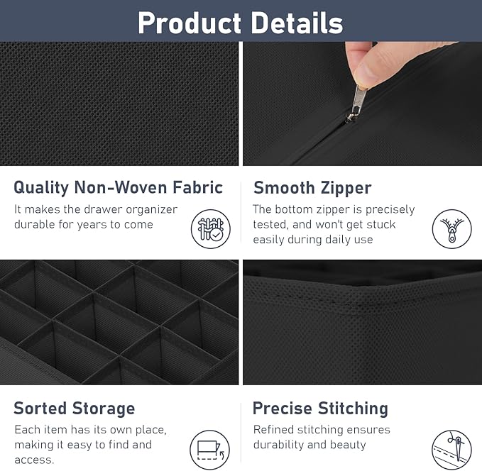 Joyoldelf Drawer Organizer 2 Pack - 40 Cell Closet Organizer for Socks, Underwear, Ties & More (Black)