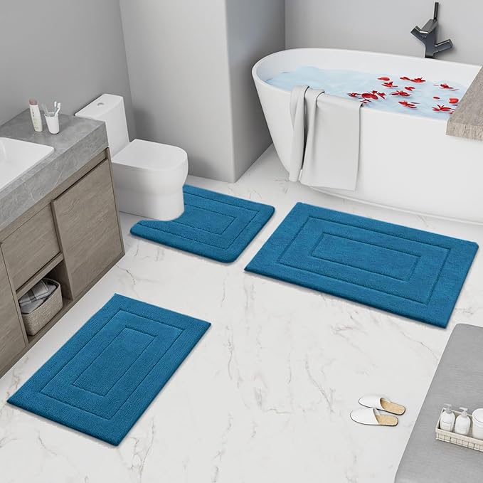 Buganda Bathroom Rugs, 24" x 16", Soft and Absorbent Microfiber Bath Rugs, Non-Slip Shaggy Shower Carpet, Machine Wash Dry Bath Mats for Bathroom Floor, Tub and Shower, Peacock Blue