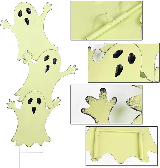 Joliyoou Halloween Yard Stake, 38.6" Glow in The Dark Metal Stacked Ghost with Green Fluorescent Layer, Halloween Yard Sign Stakes for Outdoor Front Yard Lawn Garden Decorations