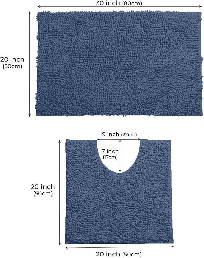 LuxUrux Bathroom Rugs Sets 2 Piece: Quick Dry, Soft Plush Anti-Slip, Super Absorbent. Includes Rectangular (31x20 inches) & U-Shaped Toilet Mat (20x20 inches) | Medium Blue