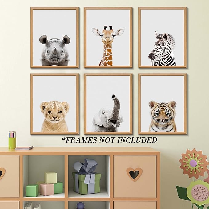Safari Cute Animal Decor: Rhino, Giraffe, Zebra - Wall Art for Baby Bedroom (8x10, Unframed)