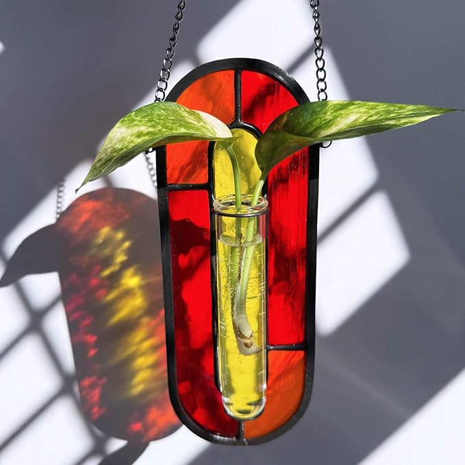 LITMIND Transparent Orange Stained Glass Propagation Station - Handcrafted Suncatcher Hanging Planter with 2 Glass Tubes, Multi-Color Hydroponic Wall Décor for Windows, Home & Garden